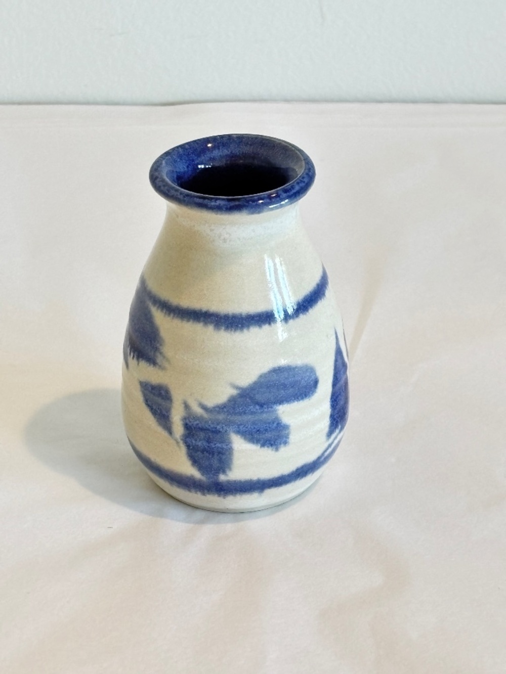 Vintage studio pottery vase signed bottom mini vase cream with blue leaf print